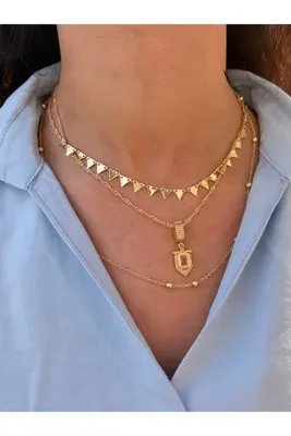 Eylülün Takısı Kadın Gold Renk Taşlı Tasarım 3'lü Çelik Kolye