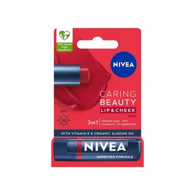 NIVEA Kırmızı Renkli Nemlendirici Dudak Bakım Kremi 4.8gr, SPF30,Allık Etkisi, Dudak Ve Yanak, E Vitamini