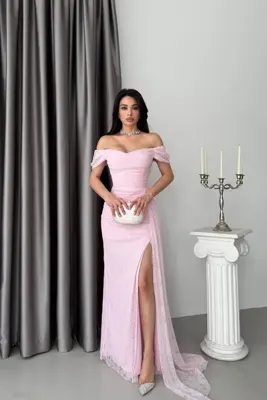 Serica Moda Pudra Düşük Omuz Drapeli Dantel Kumaş Abiye Elbise