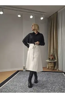 DISHI FASHİON KEMERLİ FERMUARLI DETAYLI DERİ ETEK BEYAZ