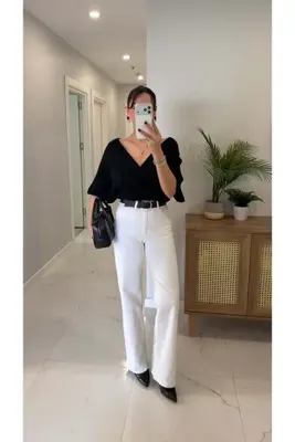 BİRCANÇİL Zored Beyaz Kemerli Wıde Leg Jean