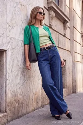 TRENDYOLMİLLA Wardrobe Essentials Koyu Mavi Az Esnek Yüksek Bel Wide Leg Geniş Paça Jeans TWOAW27JE00081