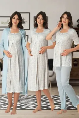 Lohussa Freya Effort Lohusa Hamile Sabahlıklı Mavi Desenli 4'lü Set