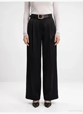 Dilvin 72833 Kemerli Saten Görünümlü Geniş Paça Pantolon
