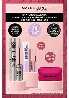 L'Oréal Paris Maybelline New York Lash Sensational Sky Tubes Maskara – Limitsiz Uzunluk ve Hacim Etkisi & Super Lock Brow Glue Kaş Sabitleyici Maskara & Sky High Mini Maskara & Maybelline Çanta