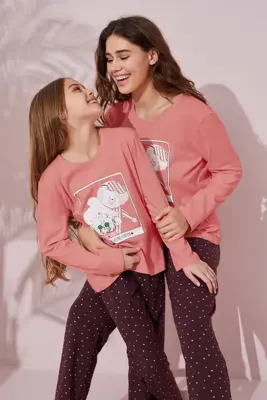 Siyah İnci koyu somon baskılı Pamuklu Örme Pijama Takım 24241103