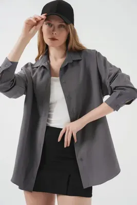 Bigdart Kadın Gri Düz Oversize Uzun Basic Gömlek 3900