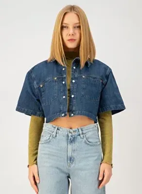 Denim Trip Oversize Crop Fit Sedef Çıtçıtlı Orta İndigo Kadın Jean Ceket
