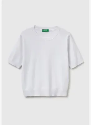United Colors Of Benetton Kadın Beyaz %100 Pamuk Kısa Kollu Regular Fit Bisiklet Yaka Kazak