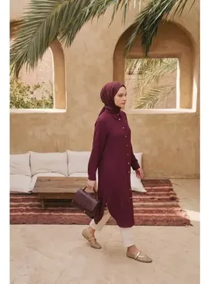 Armine Trend Tam Boy Düğmeli  Gömlek Yaka 110 cm Boy Rahat Kesim Tunik Mürdüm 26YT484