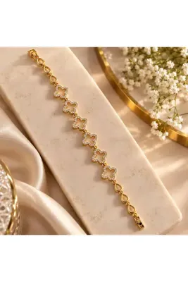 Genel Markalar Gold Renk Taşlı Yonca Motifli Kadın Bileklik 20 cm