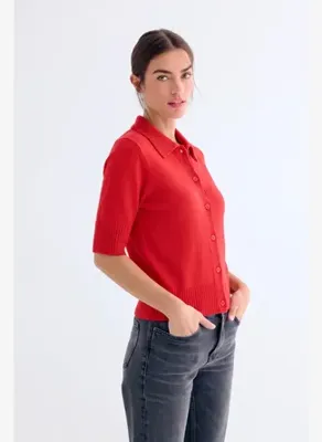 Silk and Cashmere Kırmızı Isabella Saf Kaşmir Kısa Kollu Polo