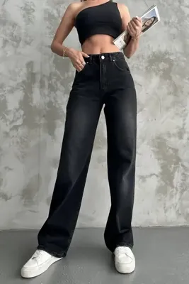 BM BALANCEMODA Kadın Siyah Taşlamalı Yüksek Bel Palazzo Jean