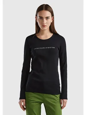 United Colors Of Benetton Kadın Siyah 100 Pamuk Bisiklet Yaka Benetton Yazılı Uzun Kollu T Shirt