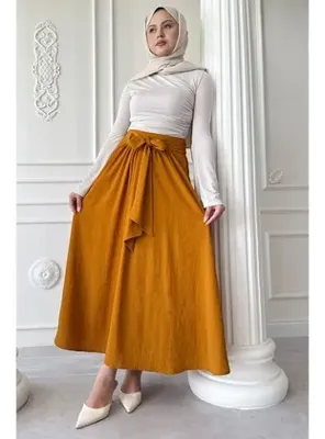 InStyle Pileli Kuşak Detay Sarı Etek
