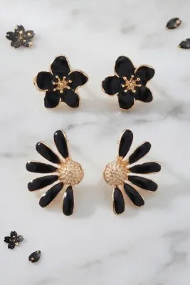 AURRARİ Siyah 2'li Papatya ve Sakura Çiçek Küpe Seti