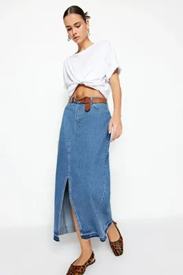 TRENDYOLMİLLA Koyu Mavi More Sustainable Yırtmaçlı Maxi Denim Etek TWOSS23ET00289