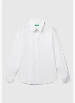 United Colors of Benetton Kadın Beyaz %100 Pamuk Arka Logo İşlemeli Regular Fit Gömlek
