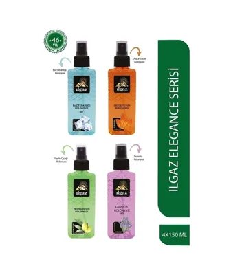 ILGAZ 80 Derece Buz Ferahlığı + Safran Çiçeği + Tütün + Zeytin Çiçeği Kolonyası Sprey 4 x 150 ML
