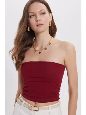 Tudors Kadın Slim Fit Dar Kesim Pamuklu Straplez Bordo  Bluz