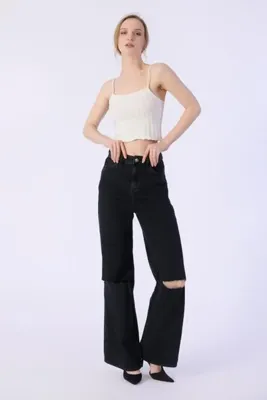 BPF Yüksek Bel Wide Leg Dizler Lazerlı Jeans