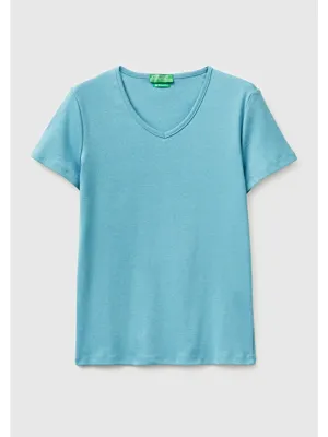United Colors Of Benetton Kadın Açık Mavi %100 Pamuk Geniş V Yaka T-Shirt