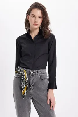 Tudors Kadın Slim Fit Non-Iron Ütü Gerektirmez Pamuklu Vücuda Oturan Pensli Siyah Gömlek