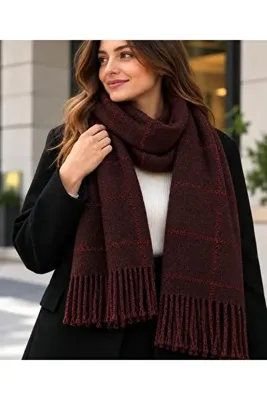 Vea Collection Kadın Bordo Simli Ekose Atkı – Saçaklı Yumuşak Kışlık Şal