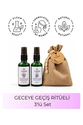 FLEURIR COSMETICS Geceye Geçiş Seti | Lavanta Papatya Yastık Spreyi 50 ml + Magnezyum Vücut Spreyi 50 ml + Lavanta Kesesi