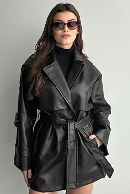 moda armanc Kadın Kruvaze Deri Ceket - Yeni Sezon Kuşaklı Düğmeli Kahverengi Trenç Ceket