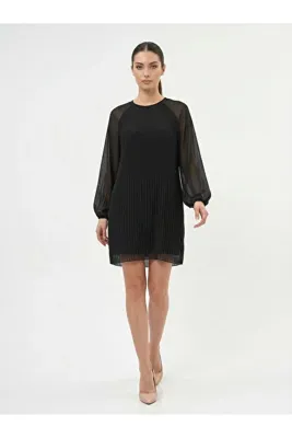 Apsen Collection Apsen Kadın Siyah Pilise Detaylı Zarif Şifon Midi Elbise 4492-100
