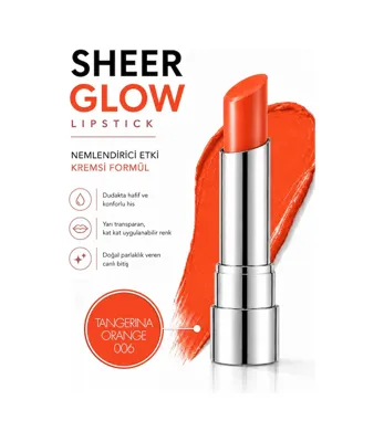 Pierre Cardin Sheer Glow Lipstick - Parlak Bitişli Nemlendirici Ruj - Tangerina Orange - 006 0