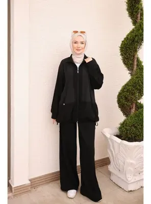 İmaj Butik Siyah Dik Yaka Garnili Tunik Pantolonlu Takım