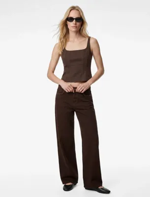 Koton Normal Bel Pamuklu Troklu Cepli Düğmeli Bol Paça Pantolon - Loose Straight Fit Jeans