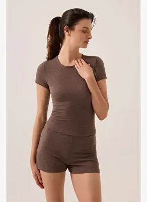 Los Ojos x Ece Kahverengi Modal Kumaşlı Kısa Kollu Şortlu Pijama Takımı Ribbed PJ4