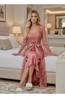 NAHAWAND Lüks Dantelli Saten Sabahlık Takımı - Özel Tasarım Elegant Gecelik ve Robe de Chambre