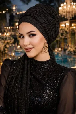 Aişe tesettür Siyah Simli Piliseli Abiye Atkılı Bone