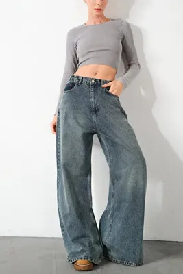 Maule Mavi Ekstra Yüksek Bel %100 Pamuk Lastikli Loose Fit Geniş Paça Jean Kadın Kot Pantolon