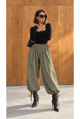 AnkaModa Kadın Beli ve Paçası Bağlamalı Lastikli Balon Pantolon
