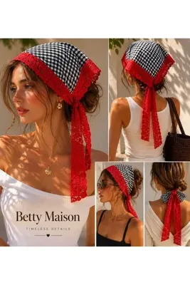 Handmade Betty Bands Siyah Beyaz Ekose Üçgen Saç Bandana Kırmızı Dantel Detaylı Bağlamalı Fular Eşarp Kemer Bohem Vintage Kadın Saç Aksesuarı