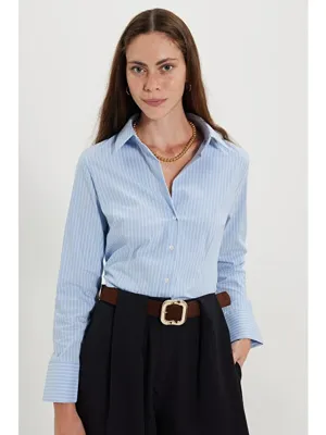Tudors Kadın Slim Fit Dar Kesim Pamuklu Uzun Kollu Çizgili Mavi Kadın Gömlek