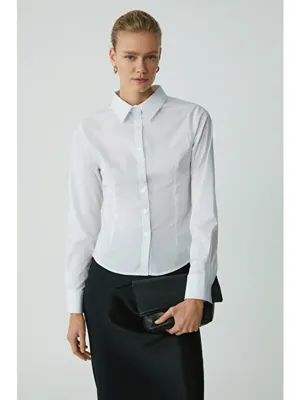 ETHIQUET EVANGELINE Kadın Slim Fit Dar Kesim Elastanlı Cepsiz Uzun Kollu Poplin BEYAZ Gömlek