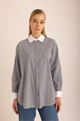 Aker Lacivert Çizgili Cotton Taş Işlemeli Gömlek
