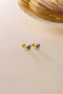 Nereze 925 Ayar Gümüş Gold Kaplama Nazar Kalp Model Küpe