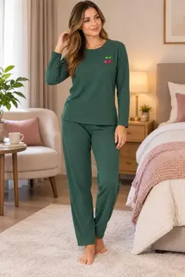 PİJART Kadın Nefti Yeşil Fitilli Örme Pijama Takımı