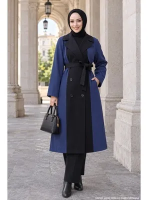 hafsamina İki Renkli Kuşaklı Trençkot İndigo HM2983