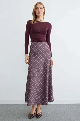 Fulla Moda Ekose Desenli Maxi Boy Saten Etek