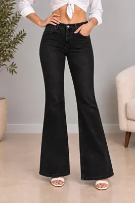 CEDY DENIM Yüksek Kalite Kadın 5 Cep Düşük Bel Ispanyol Paça Skinnyfit Esnek Jean Pantolon C619-siyah