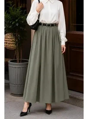 İmajButik Haki Bel Lastikli  Kemerli Etek