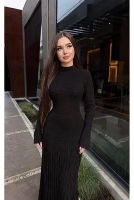 Aderin Kadın Fitilli Dokulu Piliseli Uzun Siyah Triko Elbise